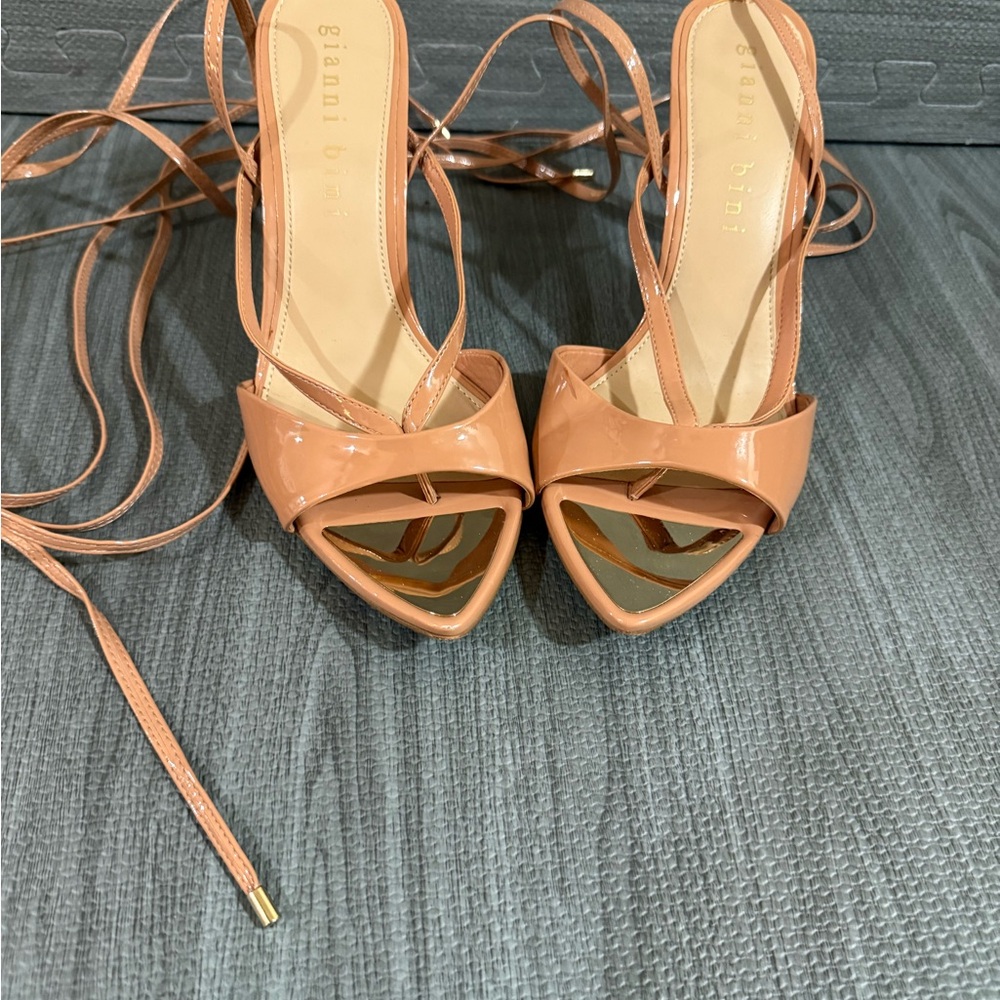 Gianni Bini Patent Lace-Up Pointed Toe Heels in Tan